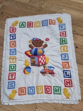 Children's Plush Teddy Block & Train Bedding Panel - Multicolor